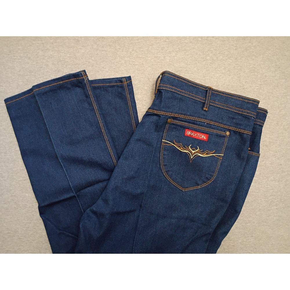 VTG Braxton Stretch Jeans Mens 40 Dark Wash Blue Denim Straight Leg Lion Crest
